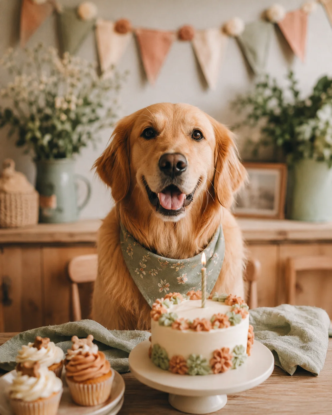 Perro junto a un pastel de cumpleaños casero para perros